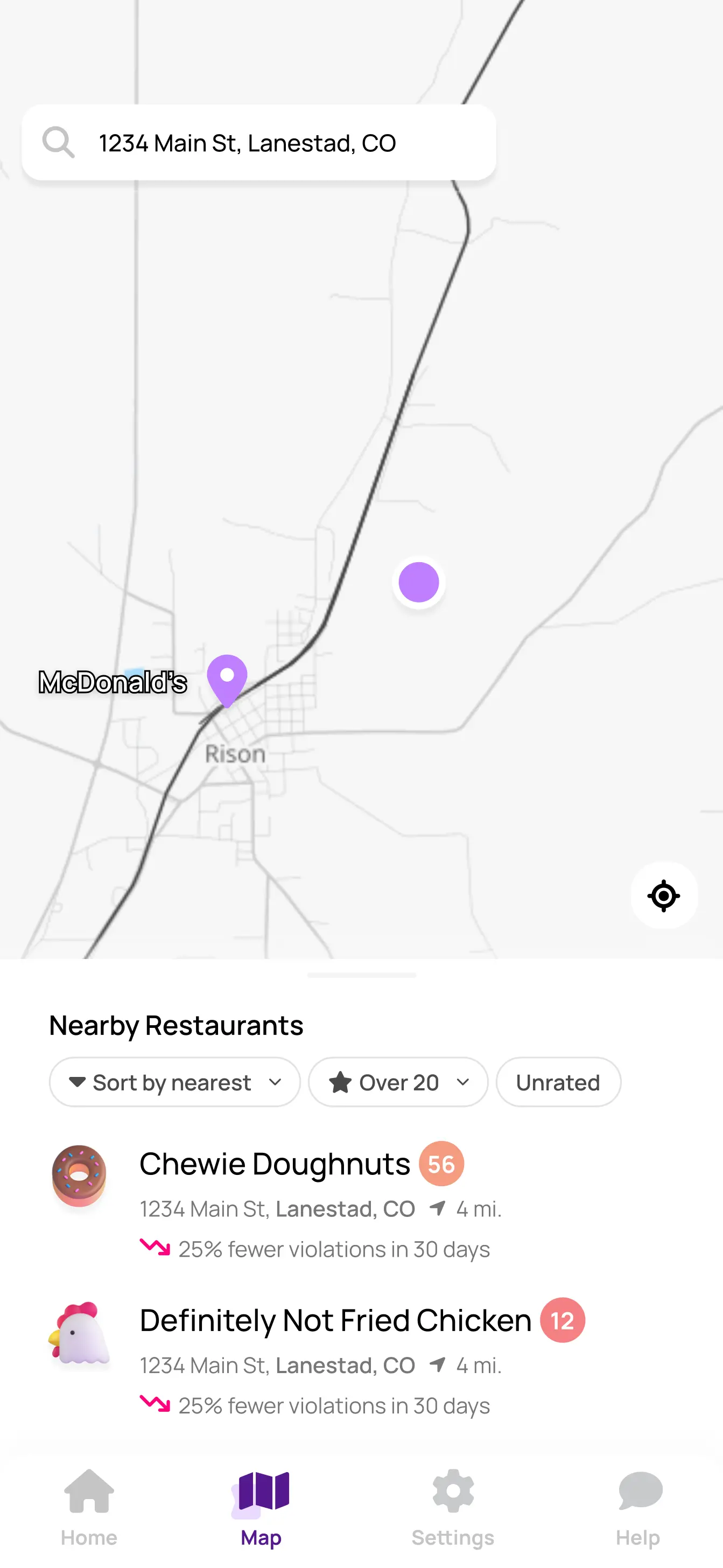 Phone screen of Saferplate's map of restaurants