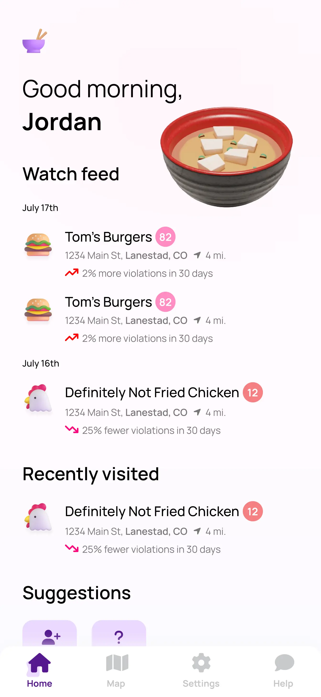 Phone screen of Saferplate's watch feed for restaurants